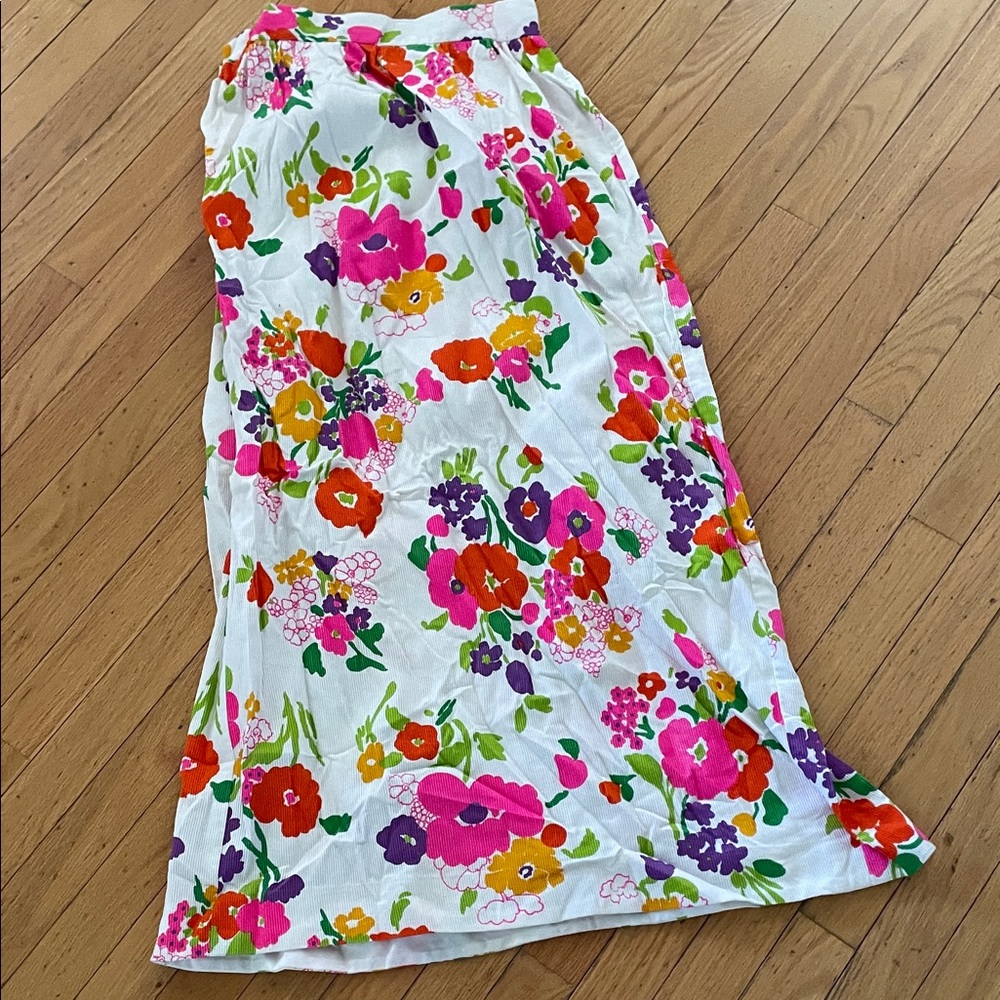vintage White Floral Maxi Skirt with Bright Multicolor Blooms